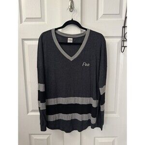 Pink Victoria Secret Womens Oversized Gray V-Neck T-Shirt Top Size S